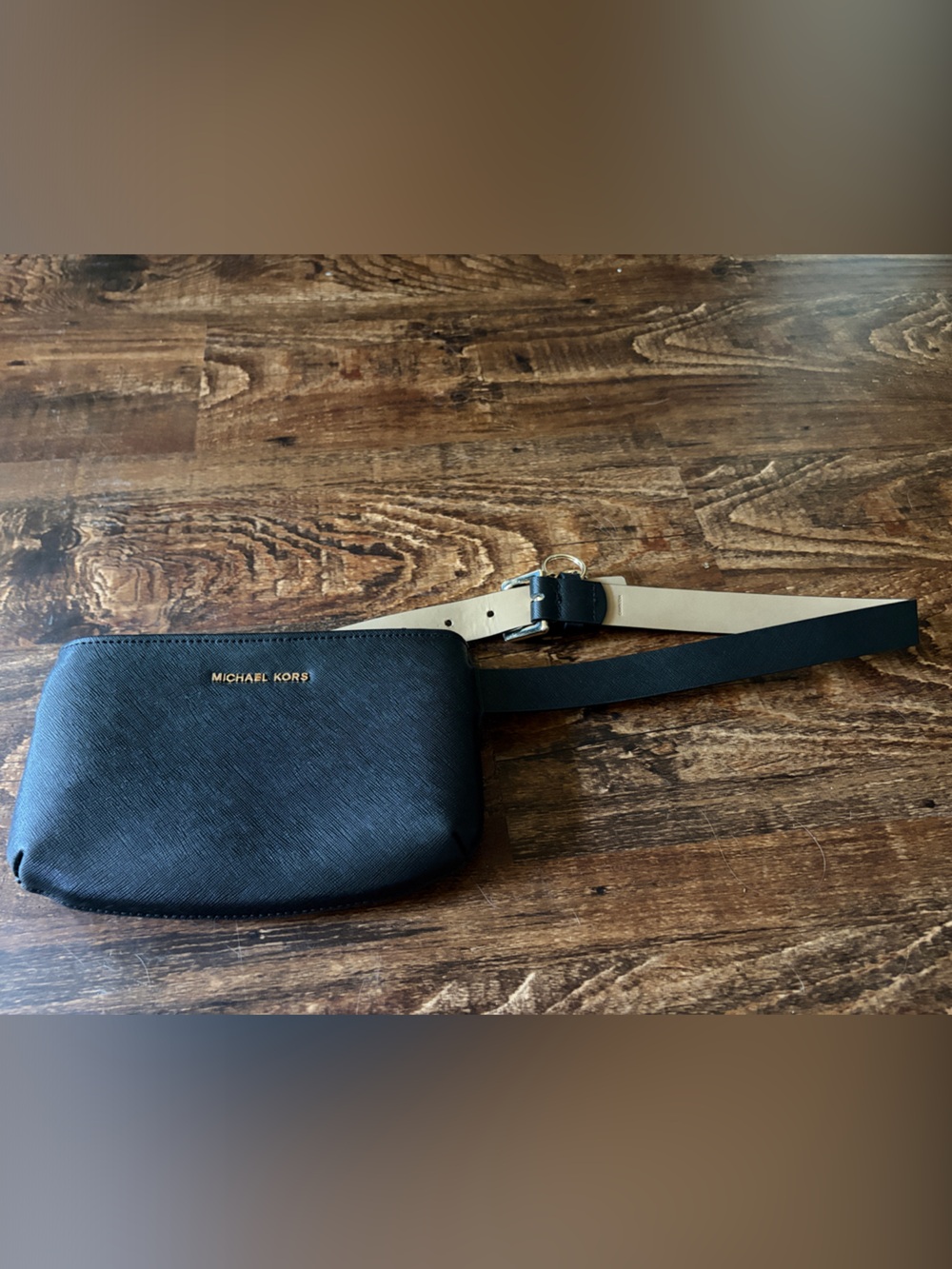 Michael Kors Black Leather Belt Bag with Beige Strap